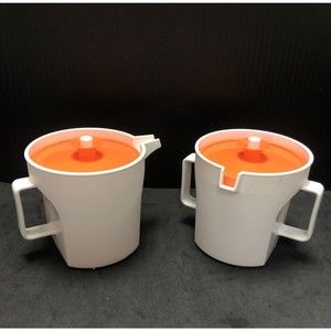 Vintage MCM Tupperware Creamer Sugar Push n Seal with Orange Lids 1414-6 1415-8